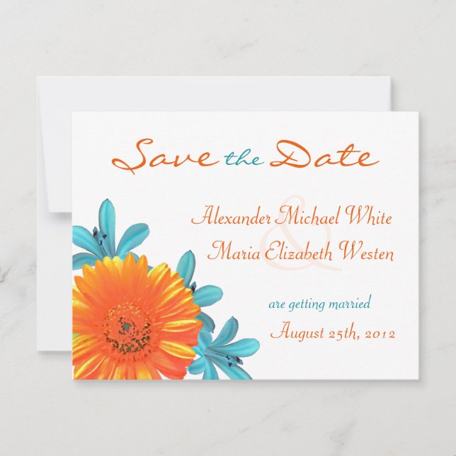 Orange und Aquamarine Sommer-Blume Save the Date (Vorderseite)