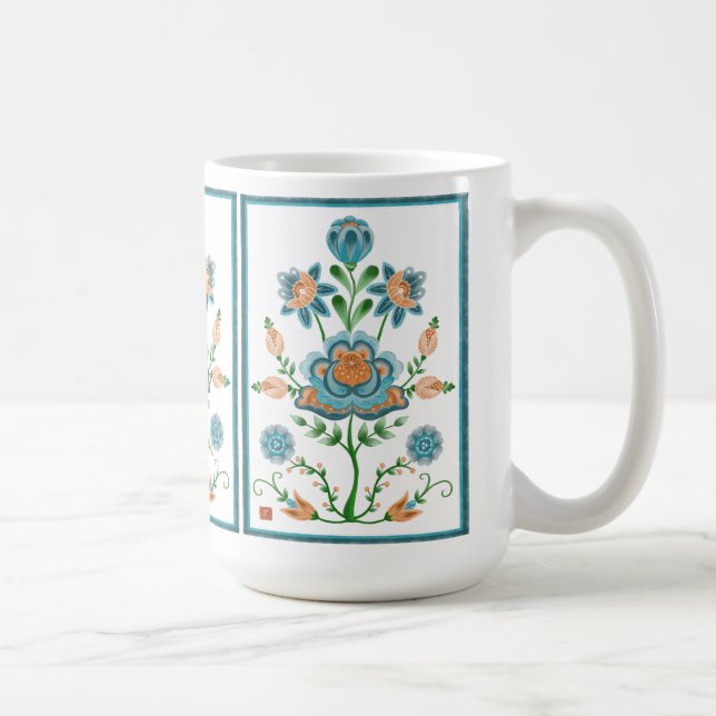 Orange und aquamarine Volkskunst-Blume Kaffeetasse (Rechts)