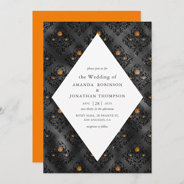 Orange und Black Glam Imitate Foil Damask Wedding Einladung (Vorne/Hinten)