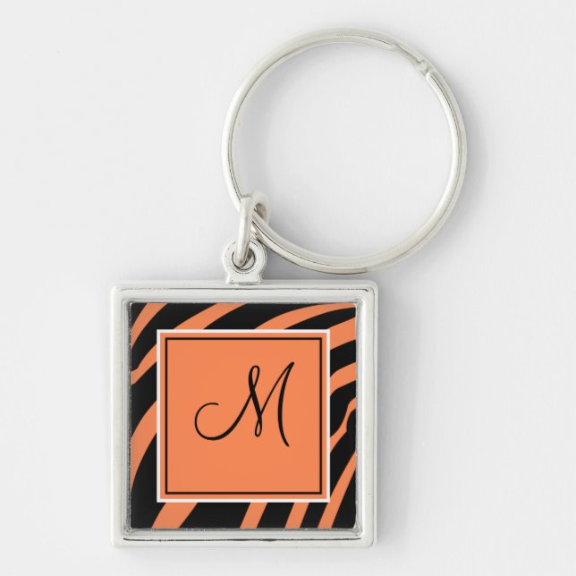 Orange und Black Monogram Zebra Print Schlüsselanh Schlüsselanhänger (Vorne)