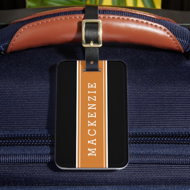 Orange und Black Rugby Strip Custom Monogram Gepäckanhänger (Vorderseite Insitu 2)
