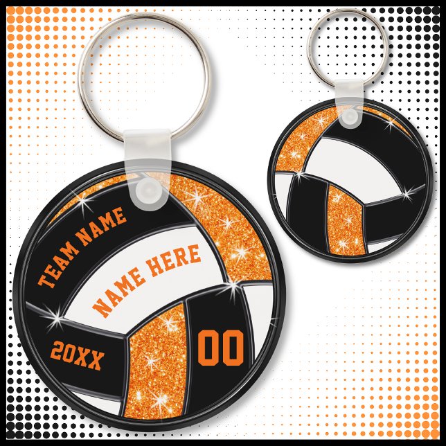 Orange und Black Volleyball Geschenke für Spieler Schlüsselanhänger (Cheap Orange, Black and White, Volleyball Souvenirs. Personalized volleyball party favors.)