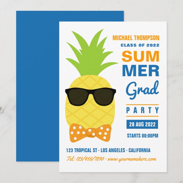 Orange und Blaue Ananas Sommer Grad Party Invita Einladung (Vorne/Hinten)