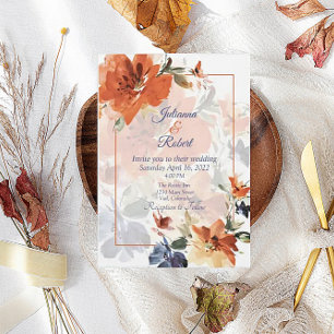 Orange und blaue Aquarell-Herbst-Blumenhochzeit Einladung