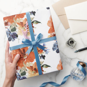 Orange und blaue Aquarellblumen Geschenkpapier