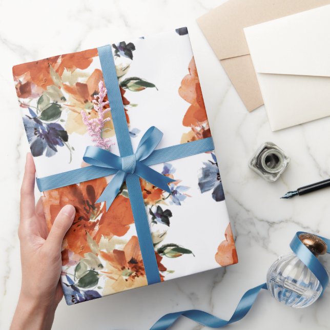Orange und blaue Aquarellblumen Geschenkpapier (Schenken)