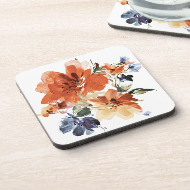 Orange und blaue Aquarellblumen Getränkeuntersetzer (Linke Seite)