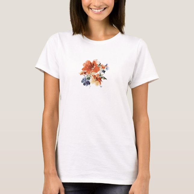 Orange und blaue Aquarellblumen T-Shirt (Vorderseite)