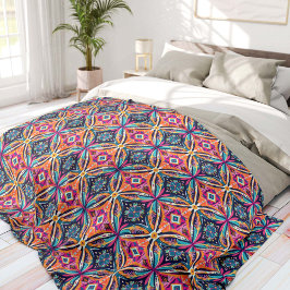 Orange und blaue geometrische Blumen Boheme Fleecedecke
