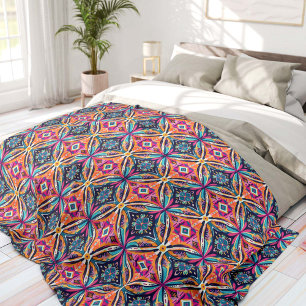 Orange und blaue geometrische Blumen Boheme Fleecedecke