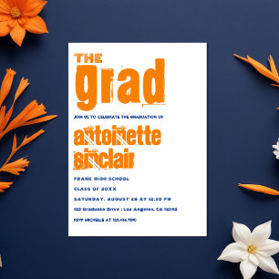 Orange und Blaue Grunge-Typografie-Abschlussfeier Einladung