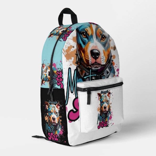 Orange und Blue Bold Dog Portrait Bedruckter Rucksack (Rückseitige Ecke links)