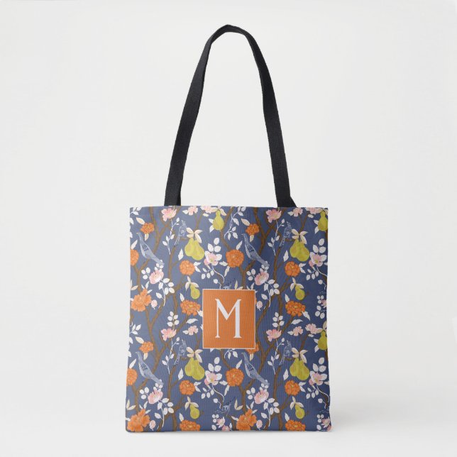 Orange und Blue Chinoiserie Birds Monogram (Vorderseite)