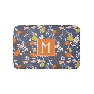 Orange und Blue Chinoiserie Birds Monogram Badematte