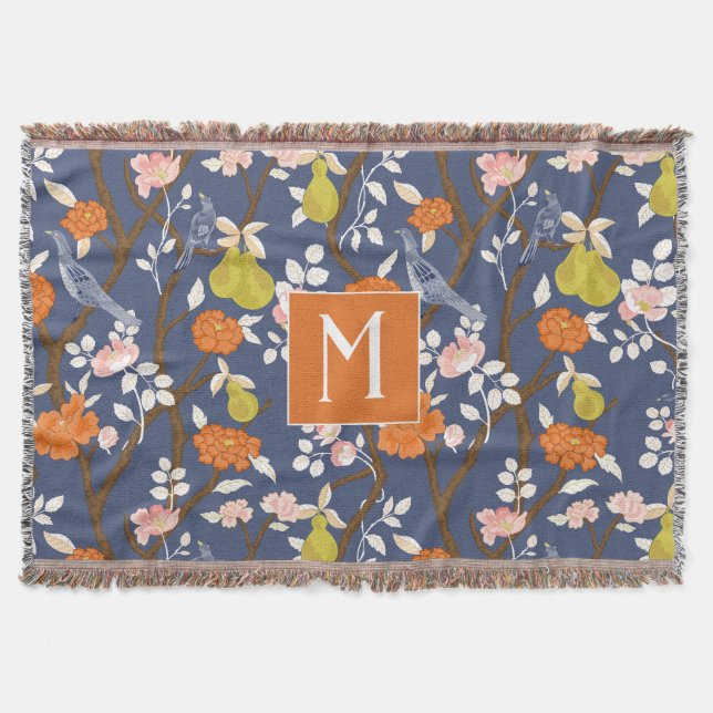 Orange und Blue Chinoiserie Birds Monogram Decke (Vorderseite)