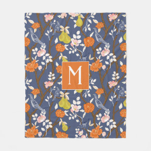 Orange und Blue Chinoiserie Birds Monogram Fleecedecke