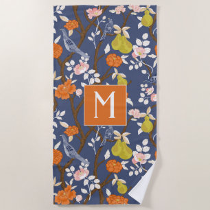 Orange und Blue Chinoiserie Birds Monogram Strandtuch