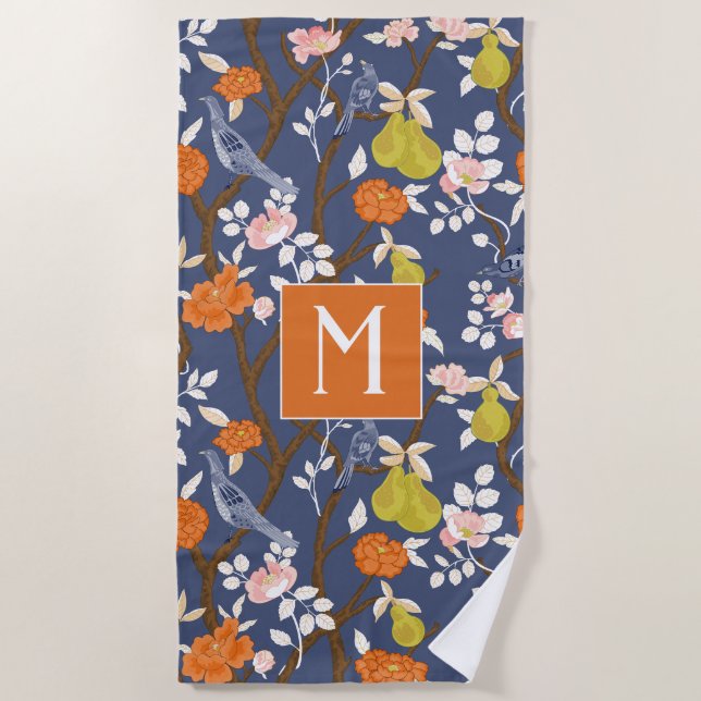 Orange und Blue Chinoiserie Birds Monogram Strandtuch (Vorderseite)