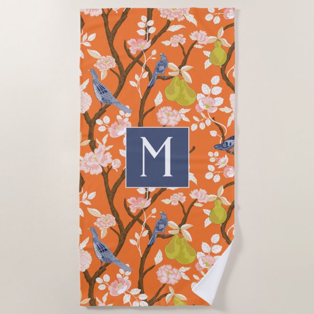 Orange und Blue Chinoiserie Birds Monogram Strandtuch (Vorderseite)