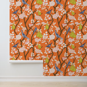 Orange und Blue Chinoiserie Birds Tapete
