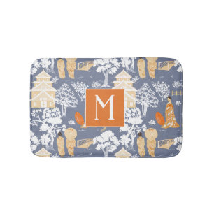 Orange und Blue Chinoiserie Pagodas Monogram Badematte