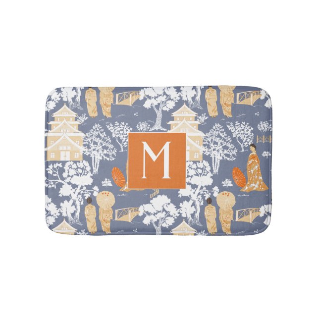 Orange und Blue Chinoiserie Pagodas Monogram Badematte (Vorderseite)