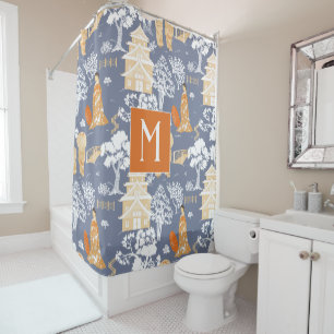 Orange und Blue Chinoiserie Pagodas Monogram Duschvorhang