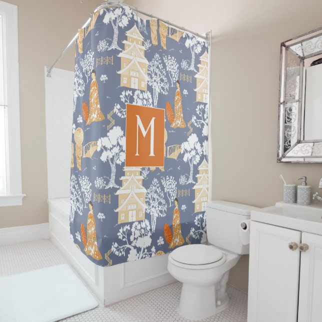 Orange und Blue Chinoiserie Pagodas Monogram Duschvorhang (Beispiel)