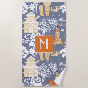 Orange und Blue Chinoiserie Pagodas Monogram Strandtuch
