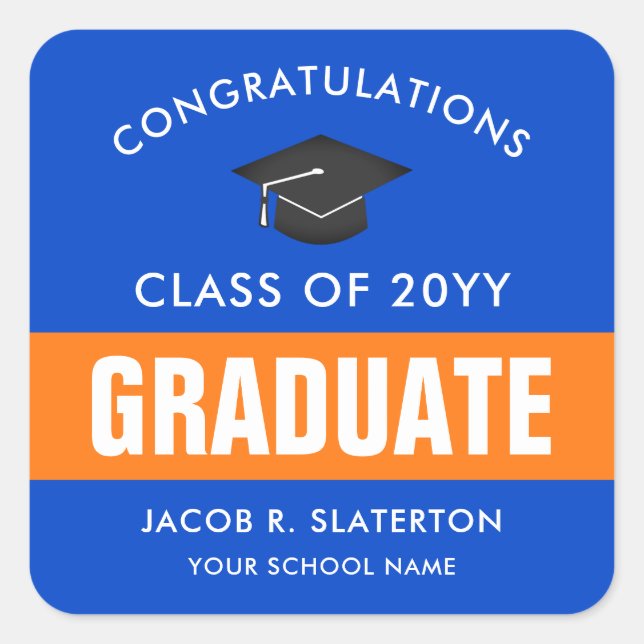 Orange und Blue Custom Abschluss Quadratischer Aufkleber (Vorderseite)