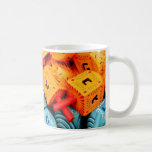 Orange und Blue Dreidels Tasse<br><div class="desc">Foto von farbenfrohen orangen und blauen dreiköpfigen. Bild von Adiel lo, wikicommons.</div>