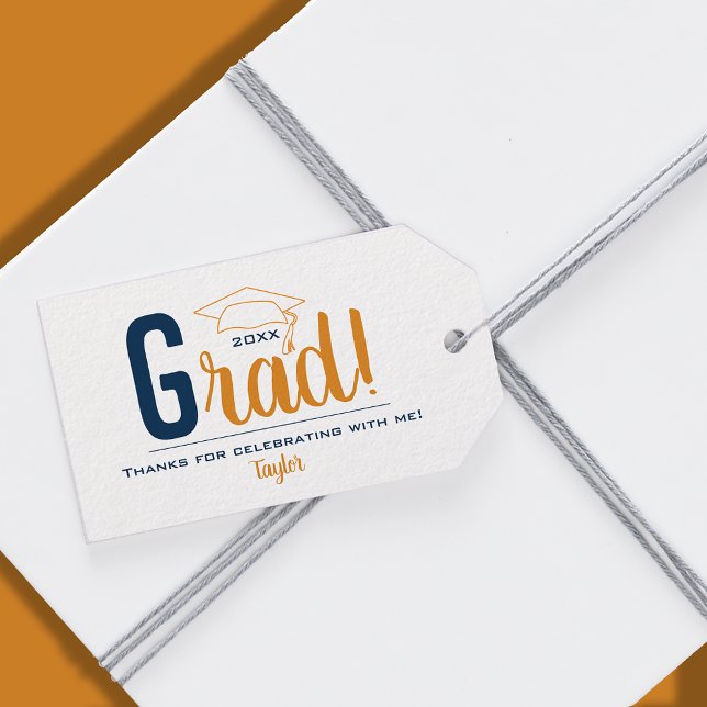 Orange und Blue Graduation Cap Gastgeschenk Geschenkanhänger (3.5" x 2" personalized graduation favor gift tags with navy blue and light orange grad cap )