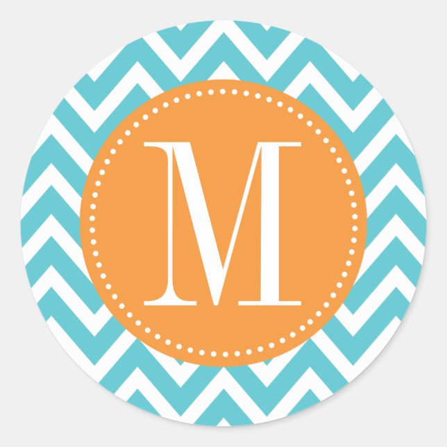 Orange und Blue Zickzack Custom Monogram Runder Aufkleber (Vorderseite)