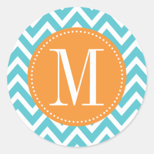 Orange und Blue Zickzack Custom Monogram Runder Aufkleber
