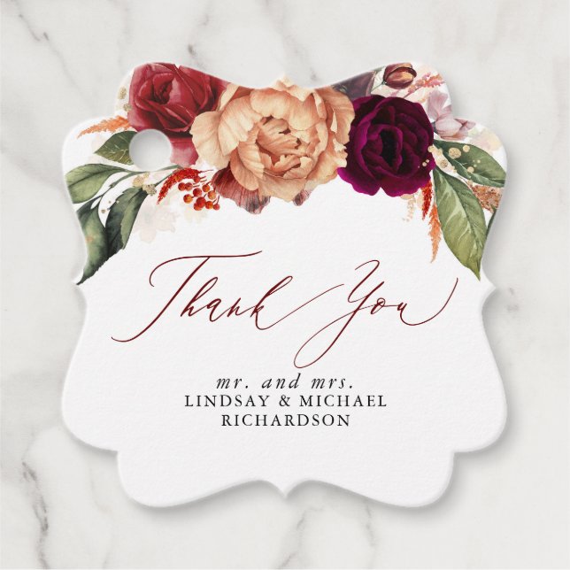 Orange und Burgund Red Floral Fall Danke Geschenkanhänger (Vorderseite)