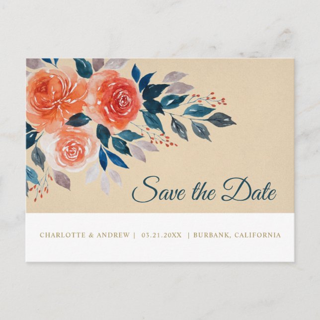 Orange und Creme Wasserfarbe Save the Date Ankündigungspostkarte (Vorderseite)