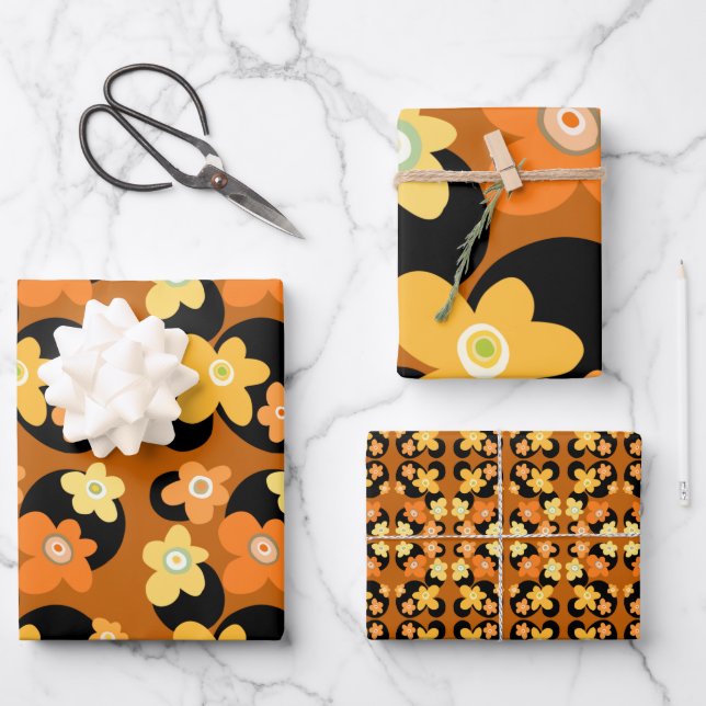 Orange und gelbe Blumen Geschenkpapier Set (Vorderseite)