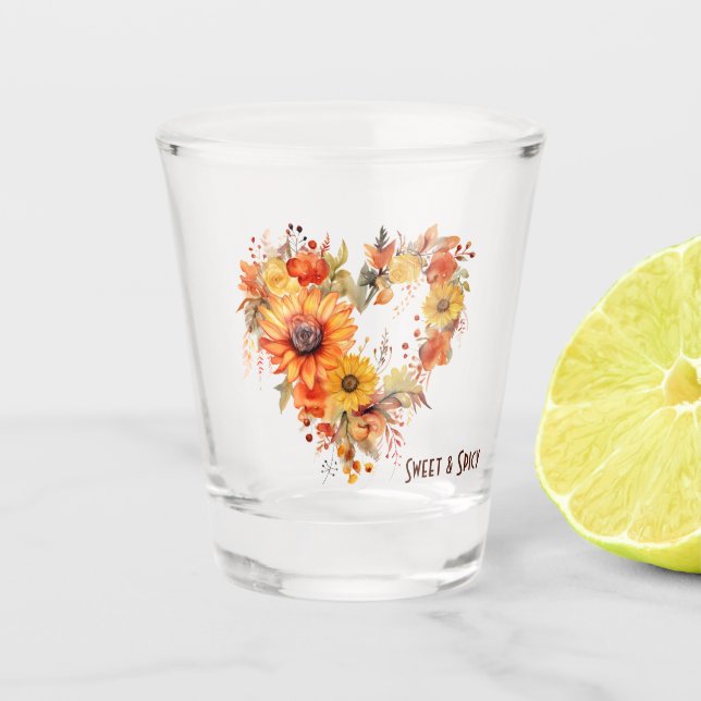 Orange- und gelbe Herbst-Botanik-Herz  Schnapsglas (Vorderseite)