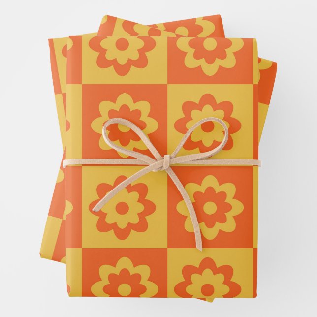 Orange- und gelbe Retro-Blume Geschenkpapier Set (Beispiel)