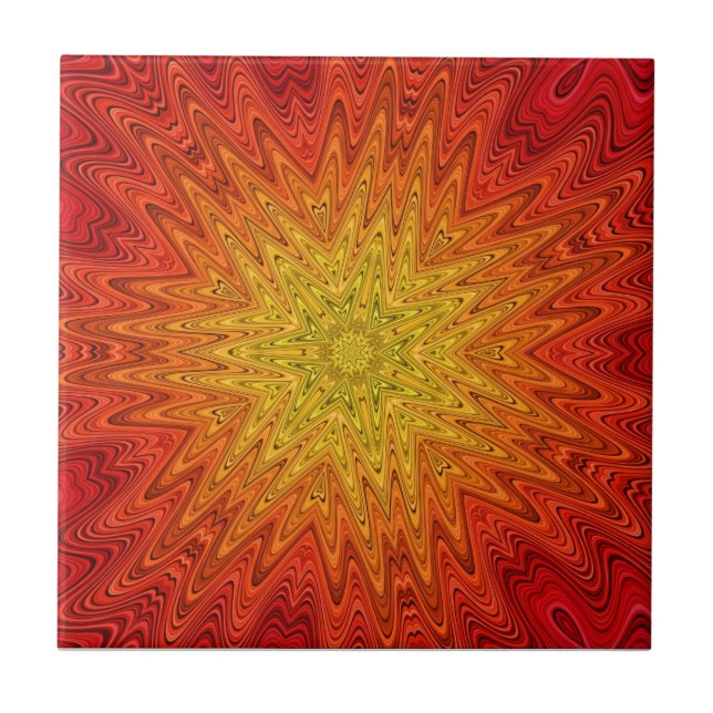 Orange und gelbe Sun-/Stern-/Herz-Mandala Fliese (Vorderseite)
