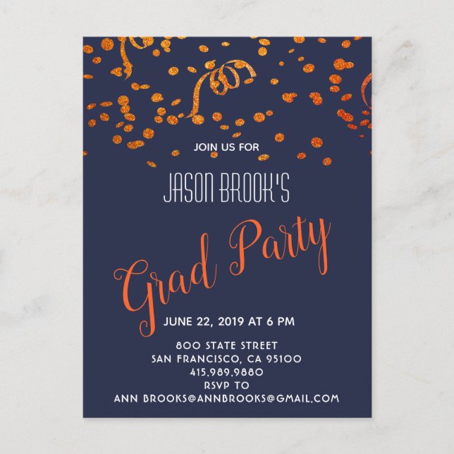 Orange und Gold Confetti auf schwarz Ankündigungspostkarte (Vorderseite)
