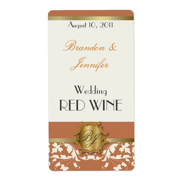 Orange und Gold Monogram Wedding Mini Wine Labels (Vorne)