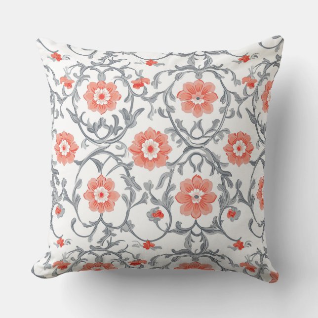 Orange und Grau Chinoiserie Blumengestein Kissen (Vorderseite)