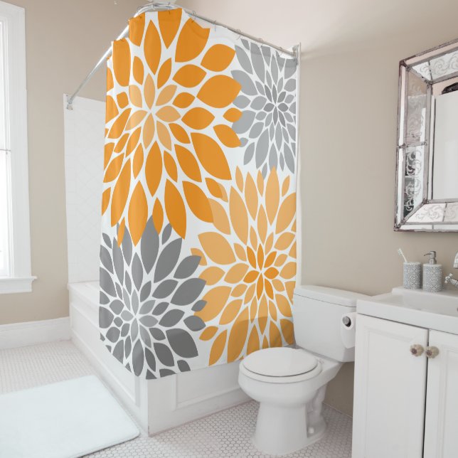 Orange und Grau-Chrysanthemen Blumenmuster Duschvorhang (Beispiel)