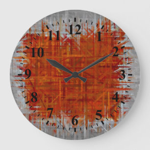 Orange und graue abstrakte Kunst, die 4 malt Große Wanduhr