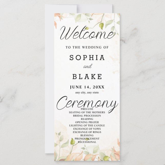 Orange und Green Blätter White Wedding Program (Vorderseite)
