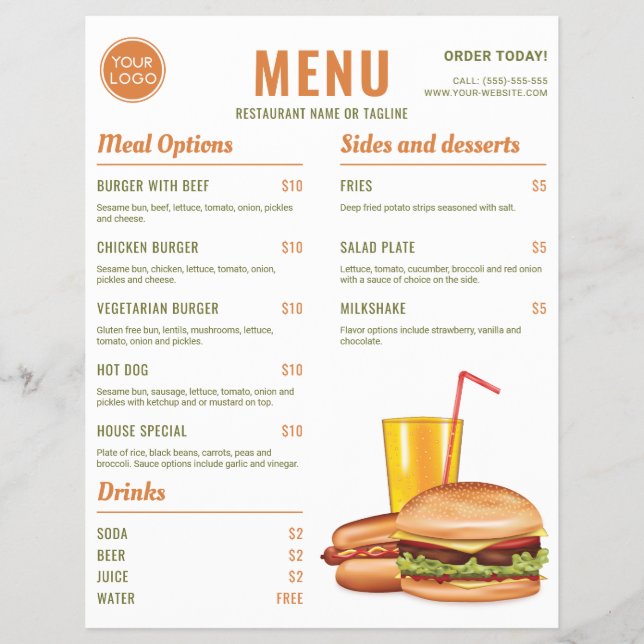 Orange und Green Hamburger Hotdog-Menüpreise Flyer (Vorne)