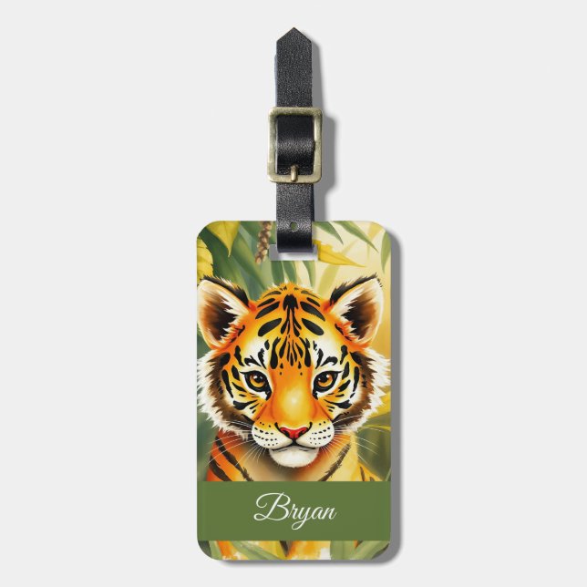 Orange und grüne Niedliche Tiger Name Gepäckanhänger (Vorderseite vertikal)