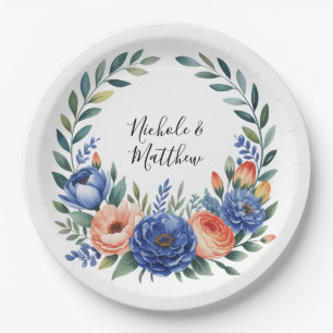 Orange und Kobaltblaue Hochzeitsblumen Pappteller