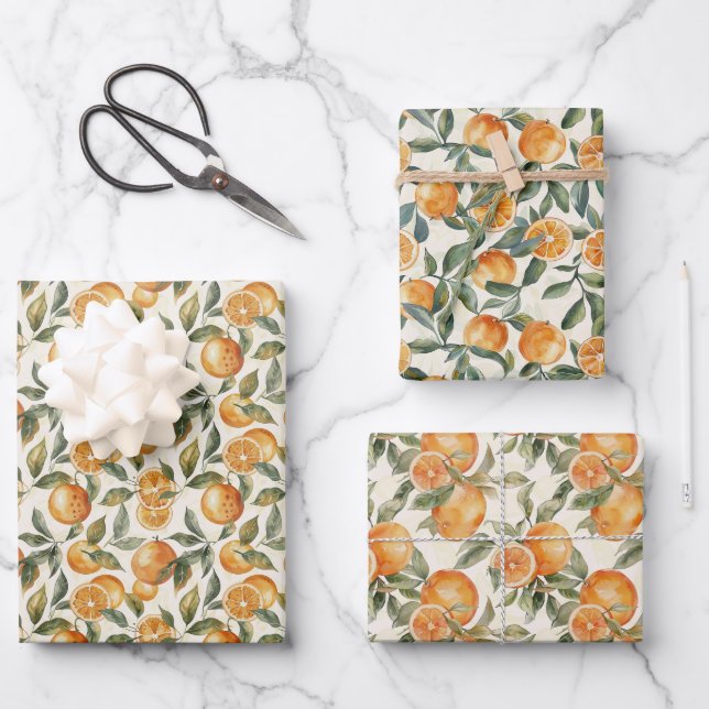 Orange und Leaf - Nahtloses Muster Geschenkpapier Set (Vorderseite)